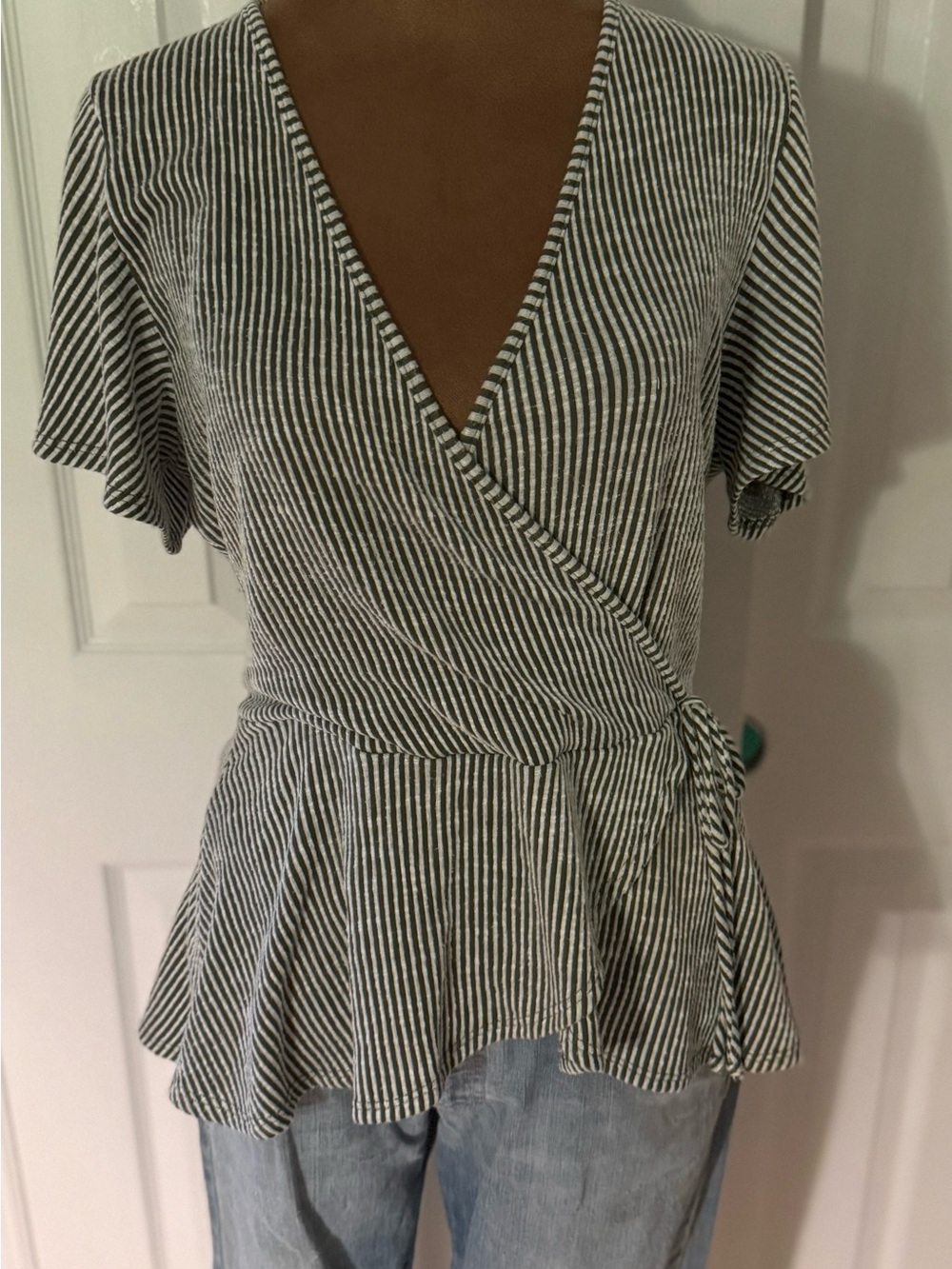 Caution To The Wind Black & White Striped Wrap Peplum Top